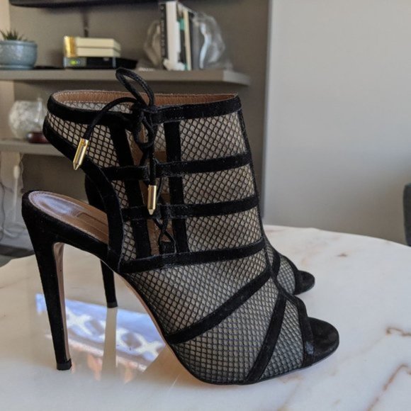 Aquazzura Oui Baby Mesh Peep-Toe Sandals Heels - Picture 1 of 13